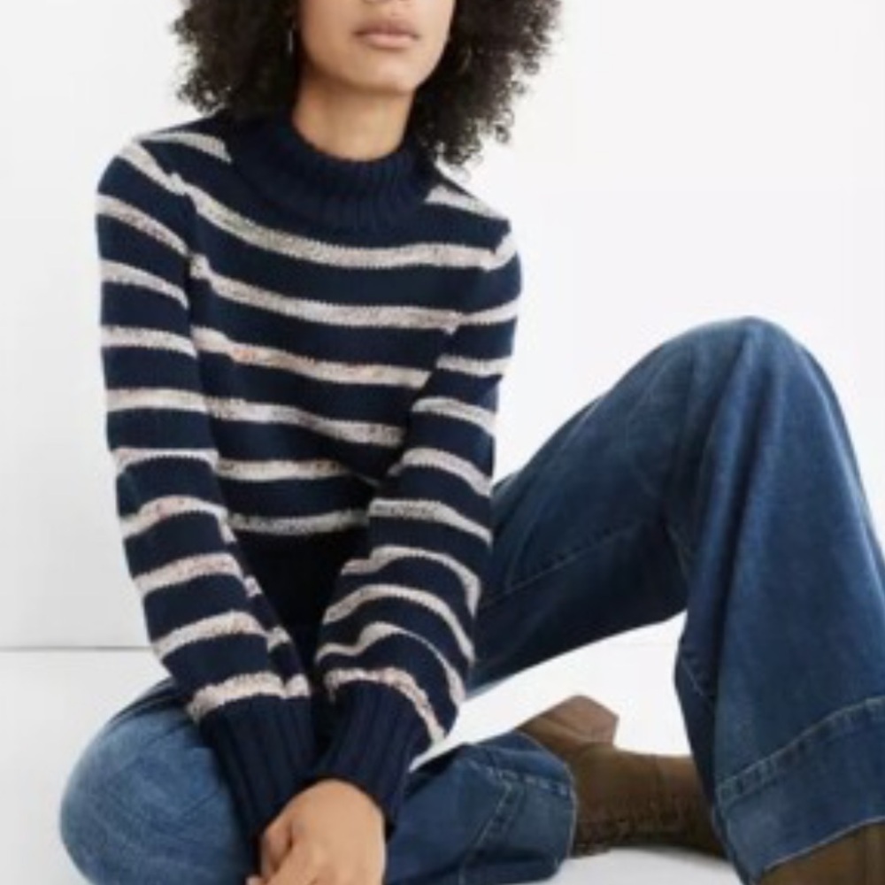 Madewell Navy Blue Striped Metcalf Mockneck Wool Blend Sweater Size S NWT